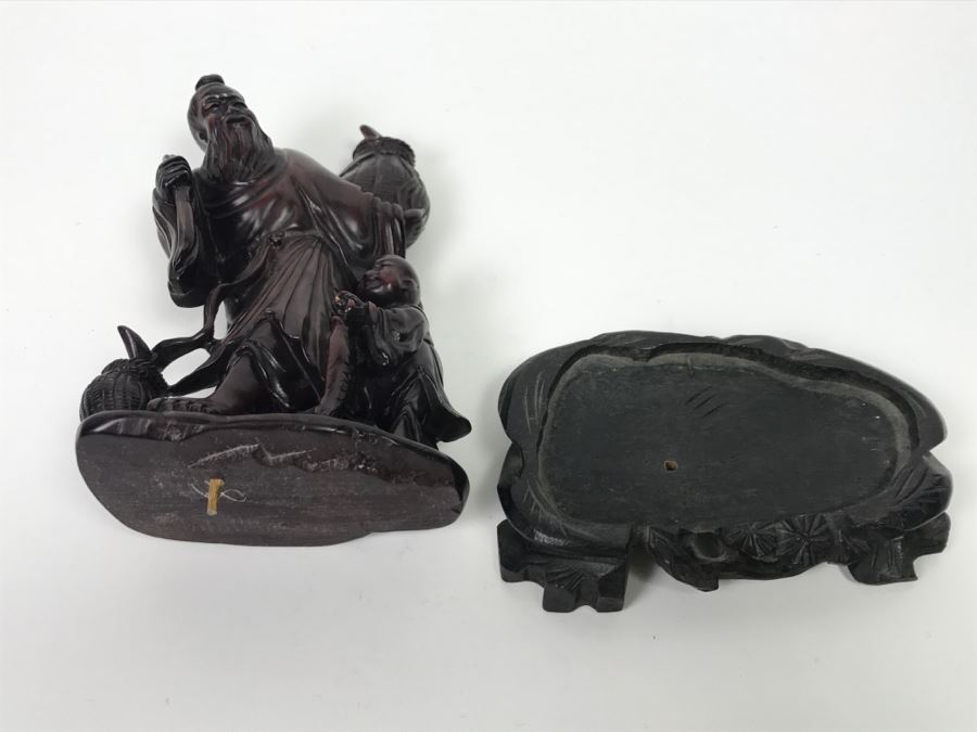 Chinese Carved Reddish Stone With Black Of Elder Fisherman With Boy On Wooden Base [Photo 27]