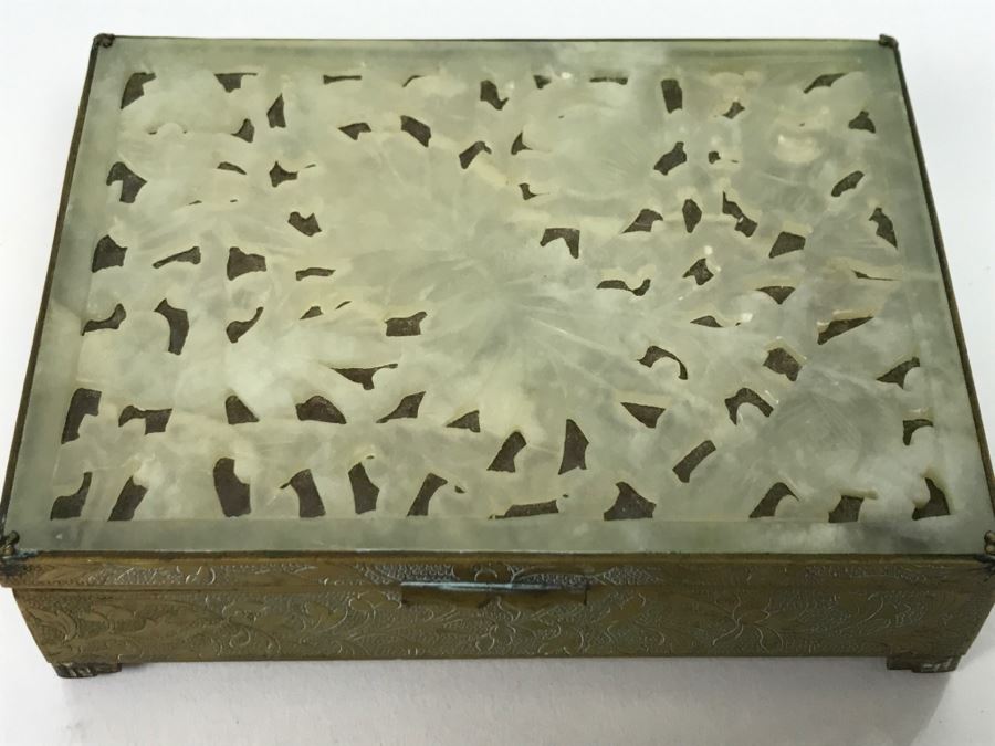 Vintage Brass Chinese Chased Box With Light Green Carved Stone Top [Photo 6]