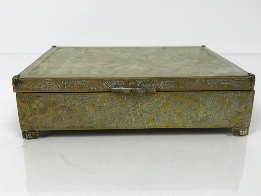 Vintage Brass Chinese Chased Box With Light Green Carved Stone Top [Photo 3]