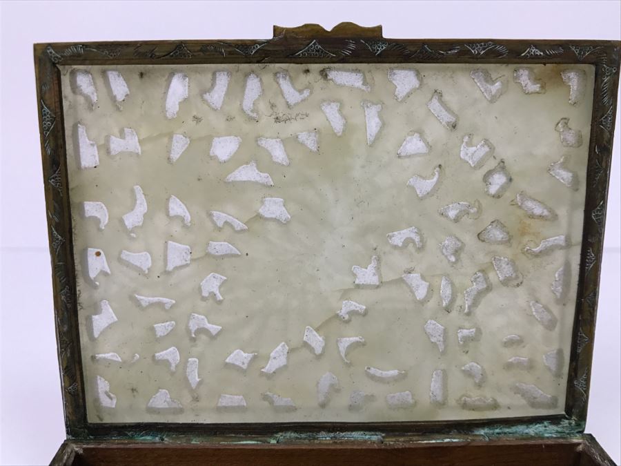 Vintage Brass Chinese Chased Box With Light Green Carved Stone Top [Photo 21]