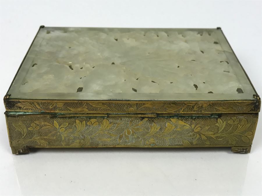 Vintage Brass Chinese Chased Box With Light Green Carved Stone Top [Photo 15]