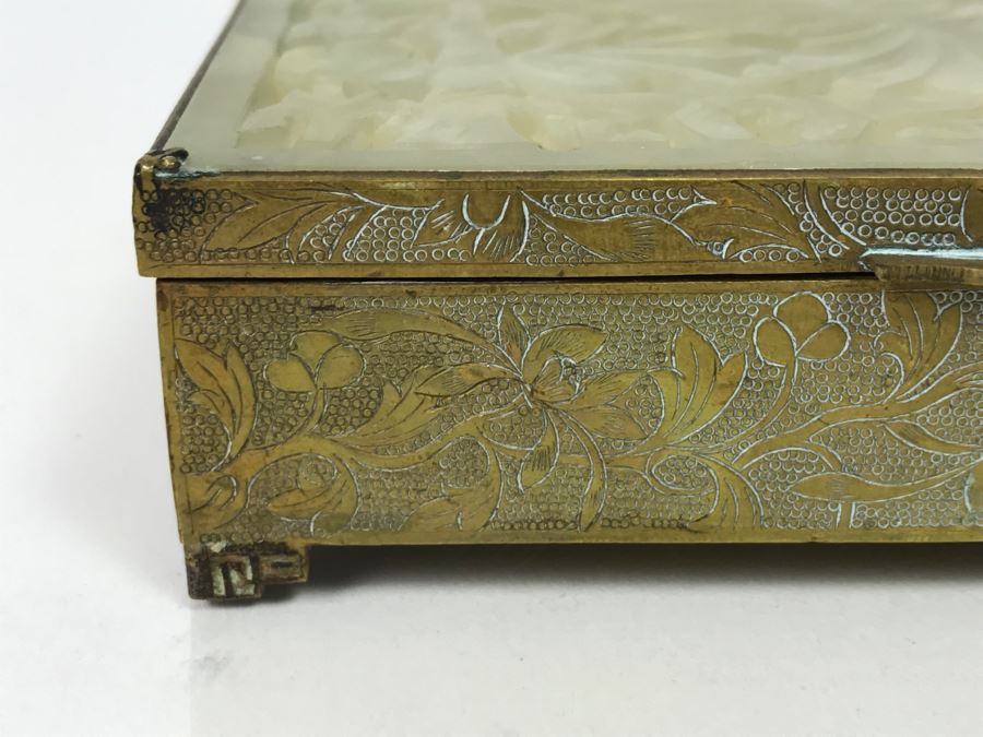 Vintage Brass Chinese Chased Box With Light Green Carved Stone Top [Photo 5]
