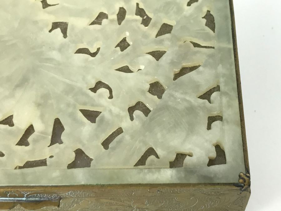 Vintage Brass Chinese Chased Box With Light Green Carved Stone Top [Photo 9]