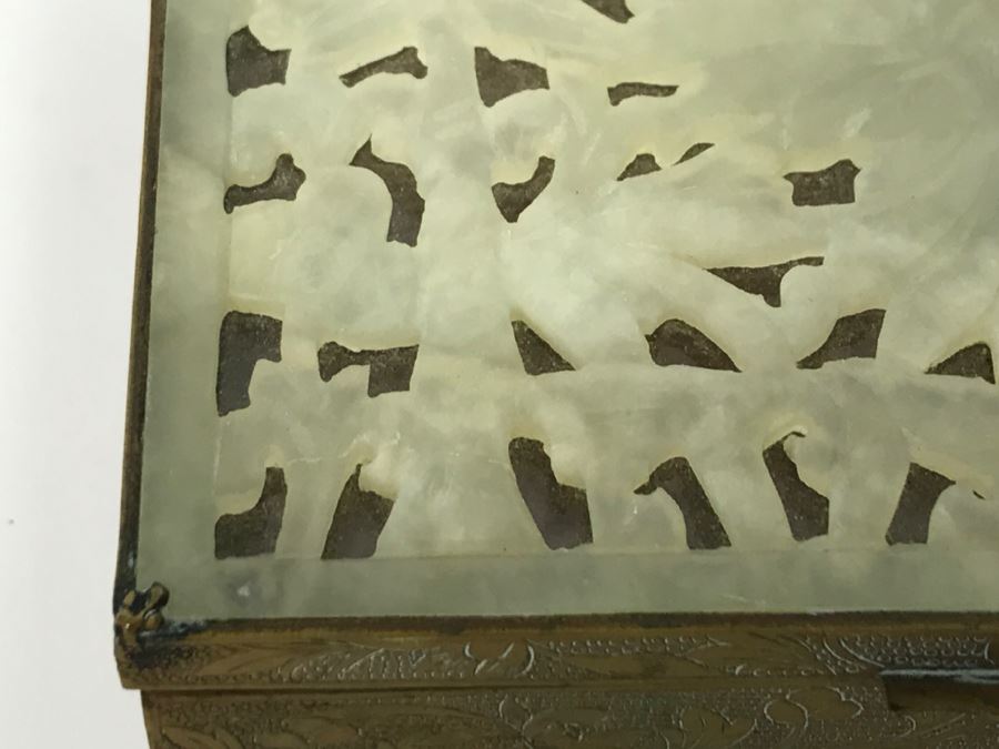 Vintage Brass Chinese Chased Box With Light Green Carved Stone Top [Photo 12]