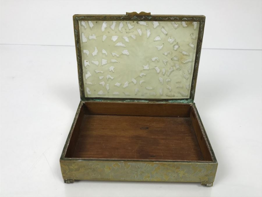 Vintage Brass Chinese Chased Box With Light Green Carved Stone Top [Photo 19]