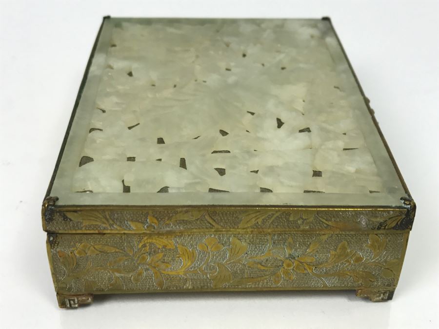 Vintage Brass Chinese Chased Box With Light Green Carved Stone Top [Photo 14]