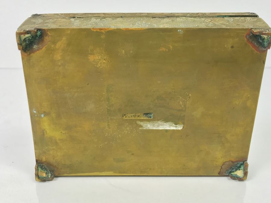 Vintage Brass Chinese Chased Box With Light Green Carved Stone Top [Photo 17]