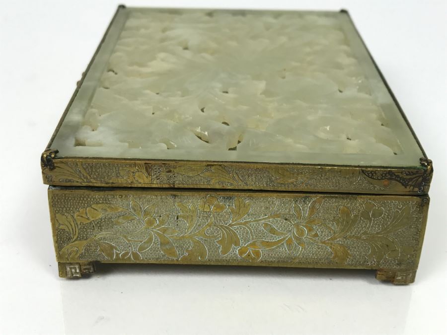 Vintage Brass Chinese Chased Box With Light Green Carved Stone Top [Photo 16]