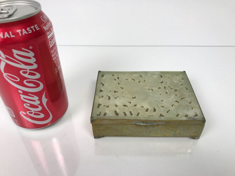 Vintage Brass Chinese Chased Box With Light Green Carved Stone Top [Photo 2]