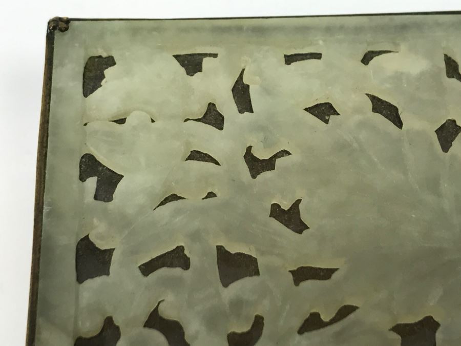 Vintage Brass Chinese Chased Box With Light Green Carved Stone Top [Photo 11]