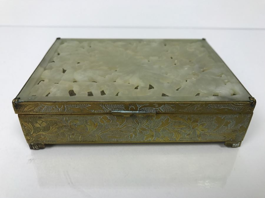 Vintage Brass Chinese Chased Box With Light Green Carved Stone Top