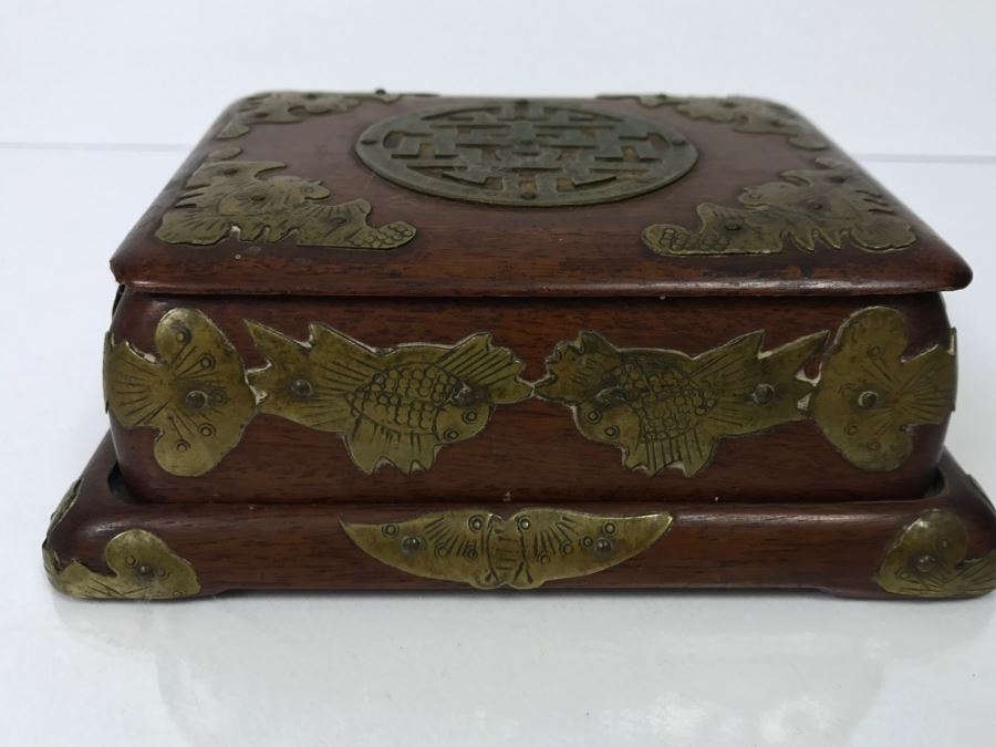 Vintage Chinese Wooden Box With Brass Embellishments