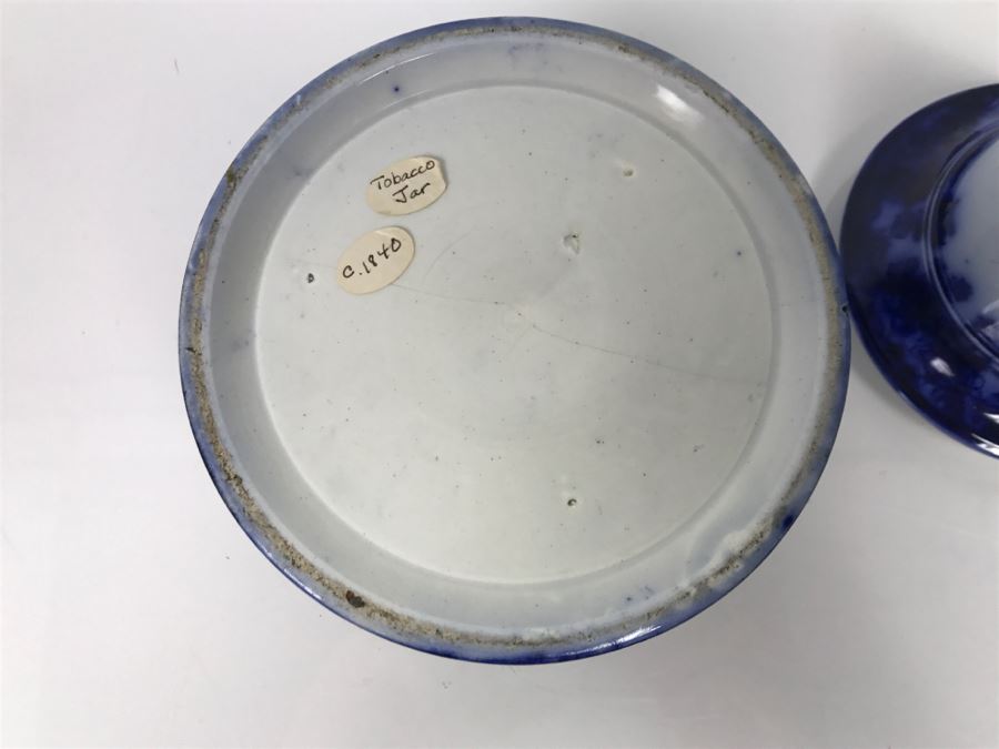 Antique 1840 Blue And White Tobacco Jar (See Hairline Crack In Bottom In Photo) [Photo 15]