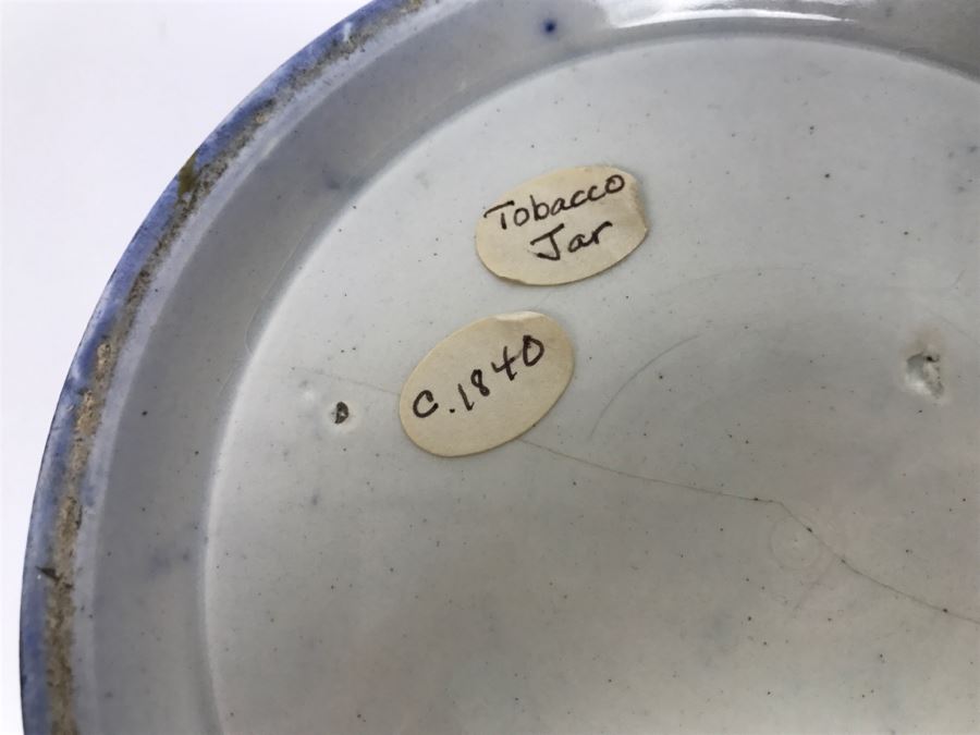 Antique 1840 Blue And White Tobacco Jar (See Hairline Crack In Bottom In Photo) [Photo 16]