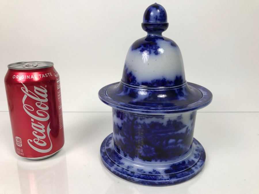Antique 1840 Blue And White Tobacco Jar (See Hairline Crack In Bottom In Photo)