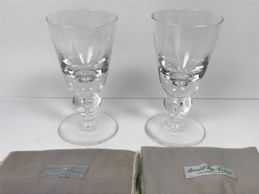Set Of (2) Steuben Glass Water Goblets With Covers Retails For $400