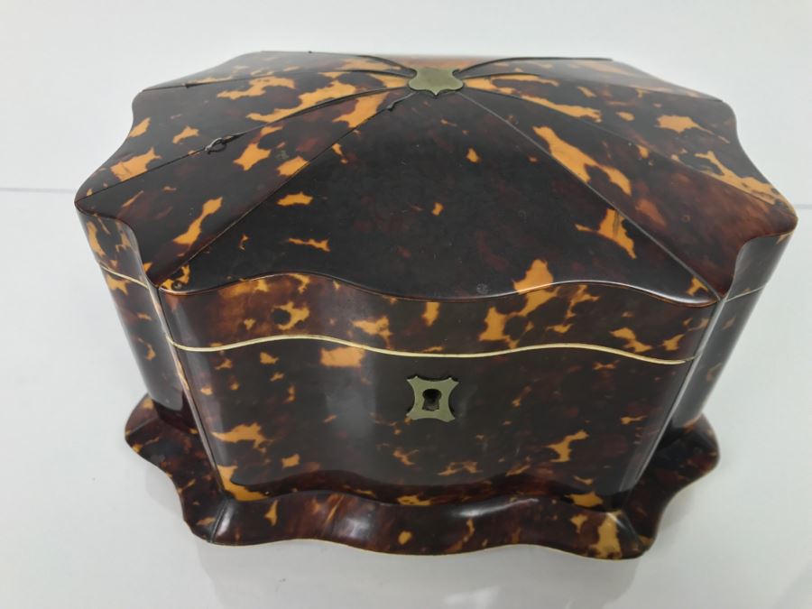 Antique Tortoiseshell Tea Caddy Box With Metal Inlay [Photo 17]