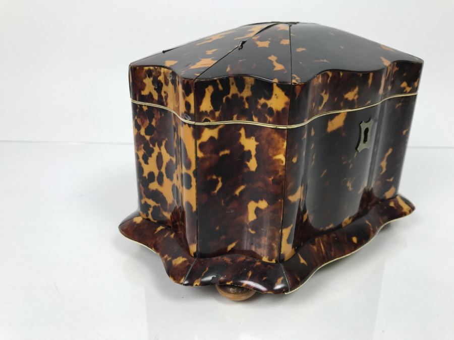 Antique Tortoiseshell Tea Caddy Box With Metal Inlay [Photo 4]