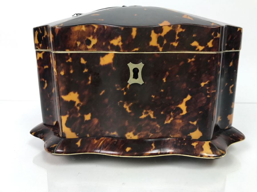 Antique Tortoiseshell Tea Caddy Box With Metal Inlay [Photo 16]