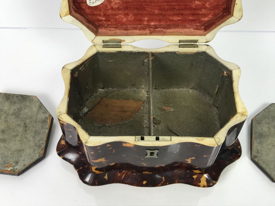 Antique Tortoiseshell Tea Caddy Box With Metal Inlay [Photo 15]