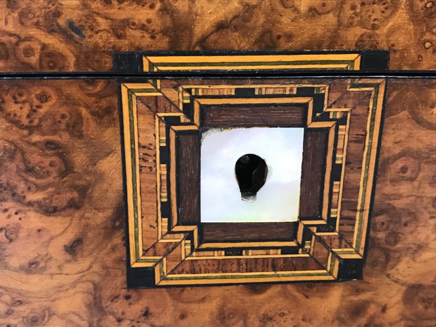 Detailed Antique Walnut Box With Geometric Inlaid Wood And Mother Of Pearl - A Few Suprises Inside [Photo 2]