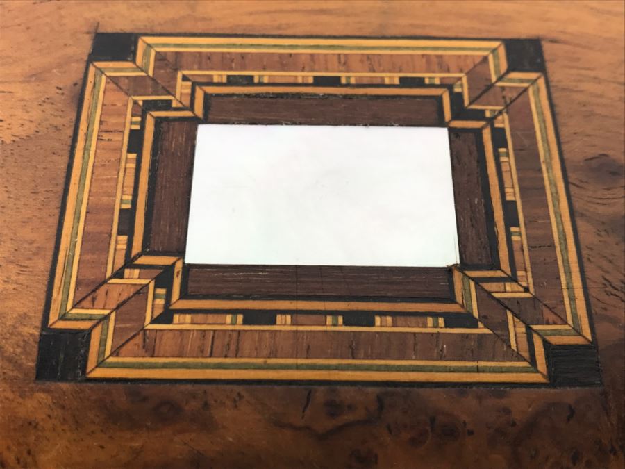Detailed Antique Walnut Box With Geometric Inlaid Wood And Mother Of Pearl - A Few Suprises Inside [Photo 3]
