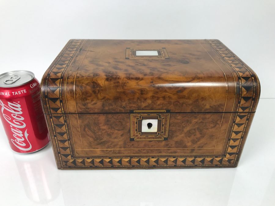 Detailed Antique Walnut Box With Geometric Inlaid Wood And Mother Of Pearl - A Few Suprises Inside [Photo 1]
