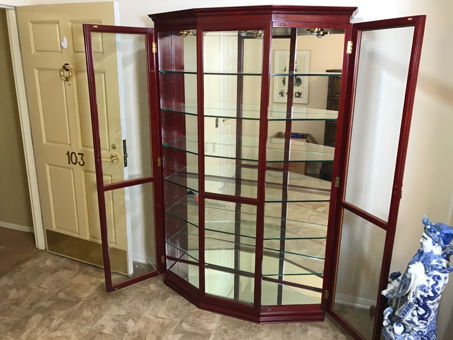 Nice Rosewood Curio Display Cabinet With Back Mirror, Glass Shelving And Overhead Lighting Perfect For Housing Your Collection [Photo 1]
