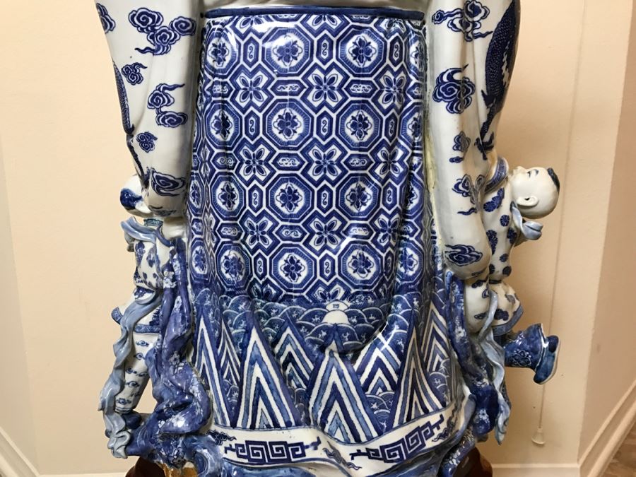Huge Signed Chinese Blue And White Porcelain Figure With Boys And Wooden Stand [Photo 25]