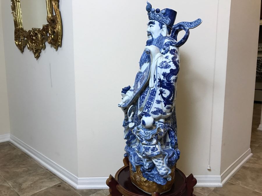 Huge Signed Chinese Blue And White Porcelain Figure With Boys And Wooden Stand [Photo 5]