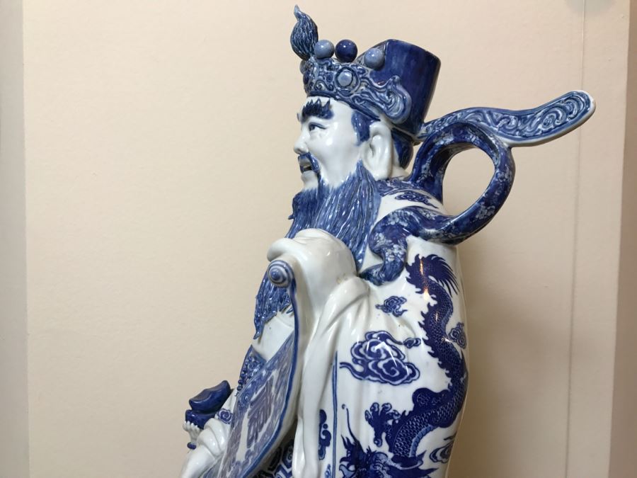 Huge Signed Chinese Blue And White Porcelain Figure With Boys And Wooden Stand [Photo 20]