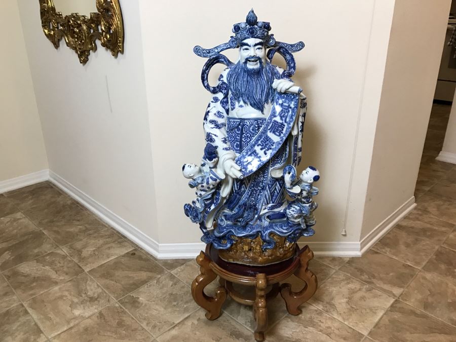 Huge Signed Chinese Blue And White Porcelain Figure With Boys And Wooden Stand [Photo 1]