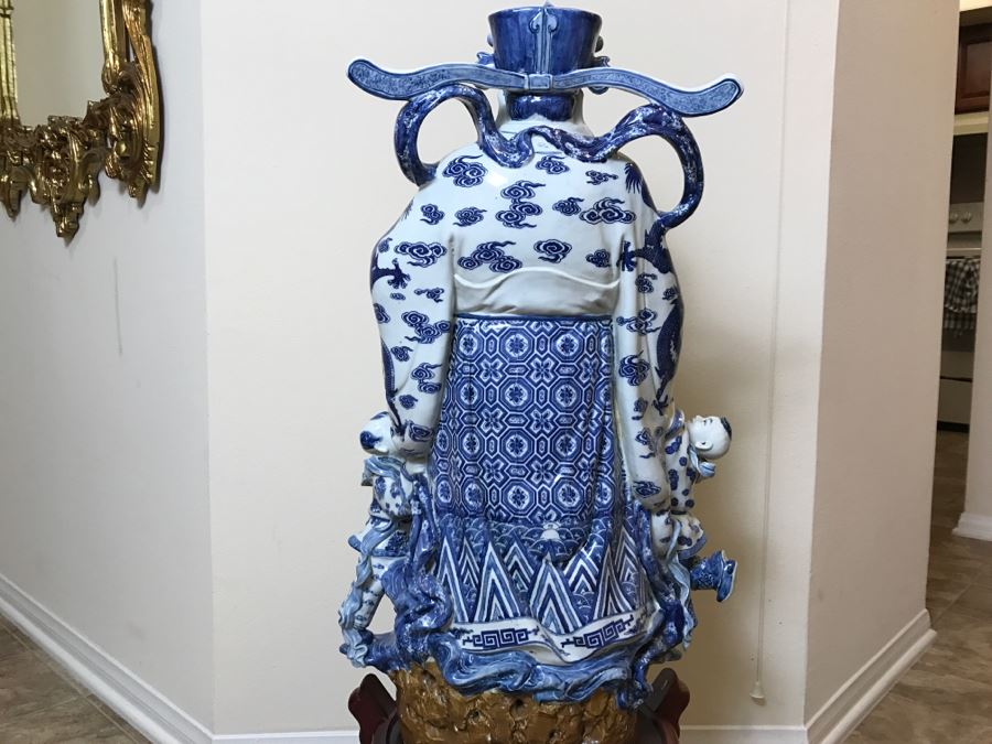 Huge Signed Chinese Blue And White Porcelain Figure With Boys And Wooden Stand [Photo 23]