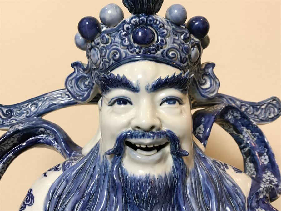 Huge Signed Chinese Blue And White Porcelain Figure With Boys And Wooden Stand [Photo 4]