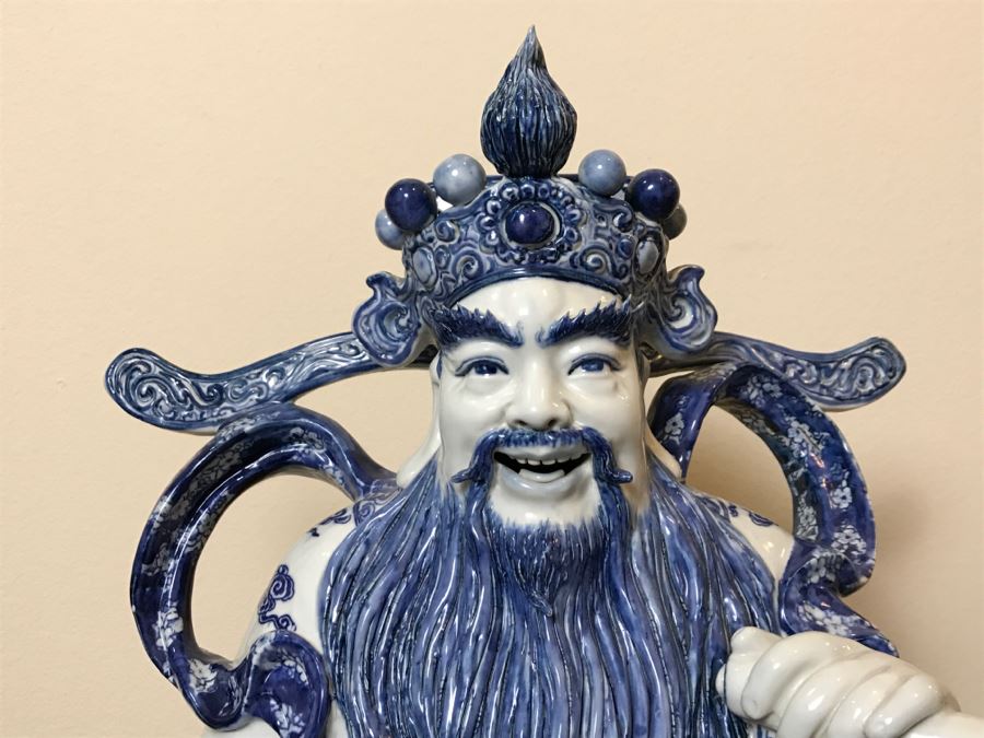 Huge Signed Chinese Blue And White Porcelain Figure With Boys And Wooden Stand [Photo 17]