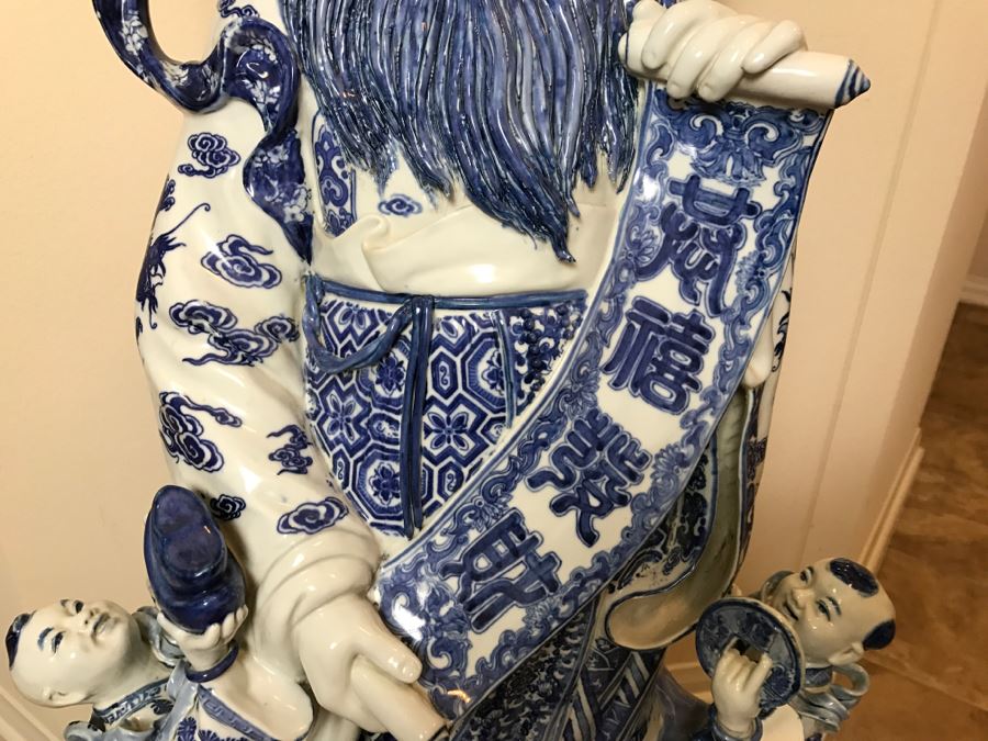 Huge Signed Chinese Blue And White Porcelain Figure With Boys And Wooden Stand [Photo 12]