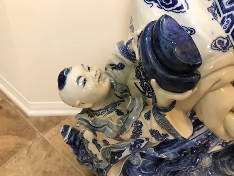 Huge Signed Chinese Blue And White Porcelain Figure With Boys And Wooden Stand [Photo 14]