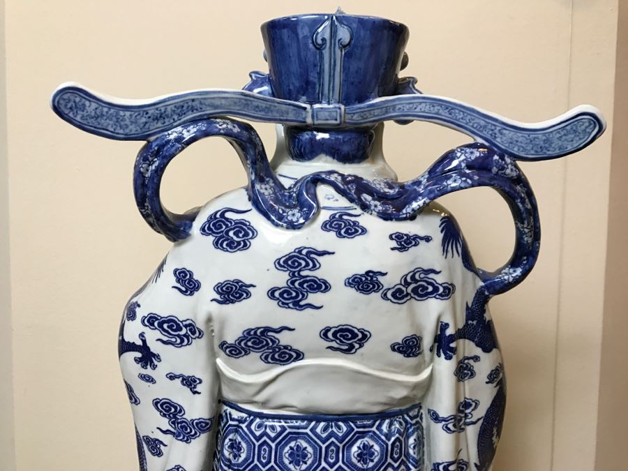 Huge Signed Chinese Blue And White Porcelain Figure With Boys And Wooden Stand [Photo 24]