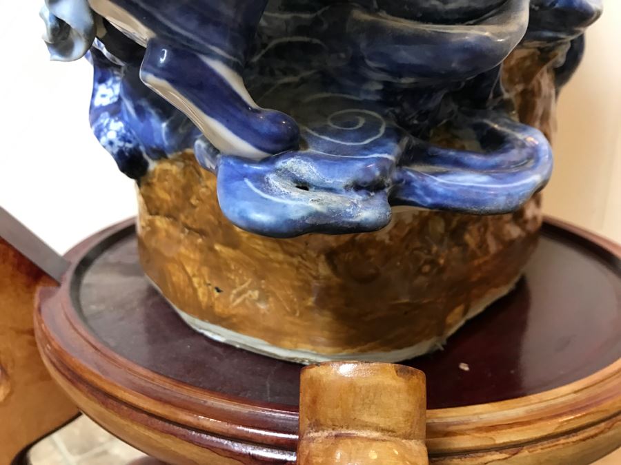 Huge Signed Chinese Blue And White Porcelain Figure With Boys And Wooden Stand [Photo 30]