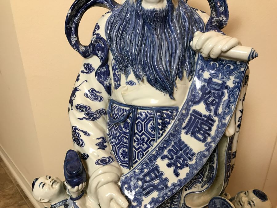 Huge Signed Chinese Blue And White Porcelain Figure With Boys And Wooden Stand [Photo 11]