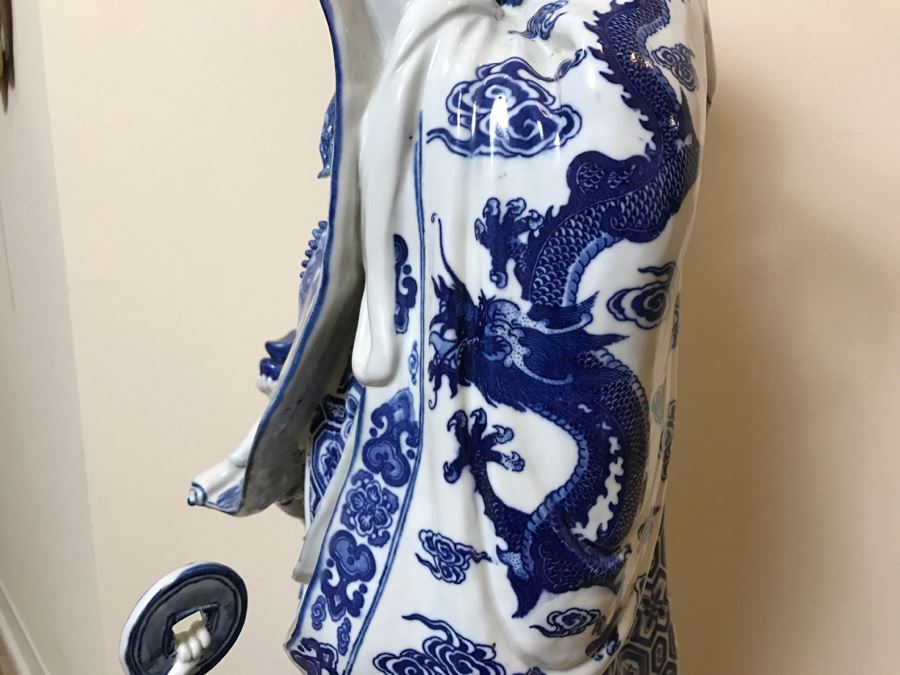 Huge Signed Chinese Blue And White Porcelain Figure With Boys And Wooden Stand [Photo 21]