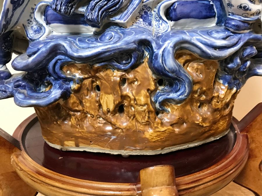 Huge Signed Chinese Blue And White Porcelain Figure With Boys And Wooden Stand [Photo 16]
