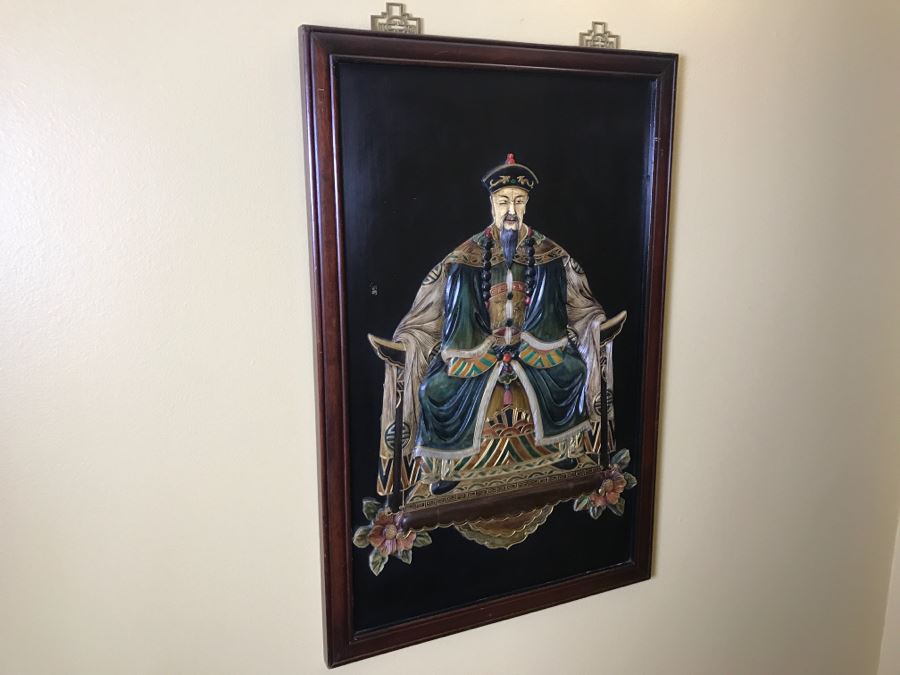 Chinese Wooden Relief Carved And Hand Painted Wall Hanging Artwork Of Emperor [Photo 15]