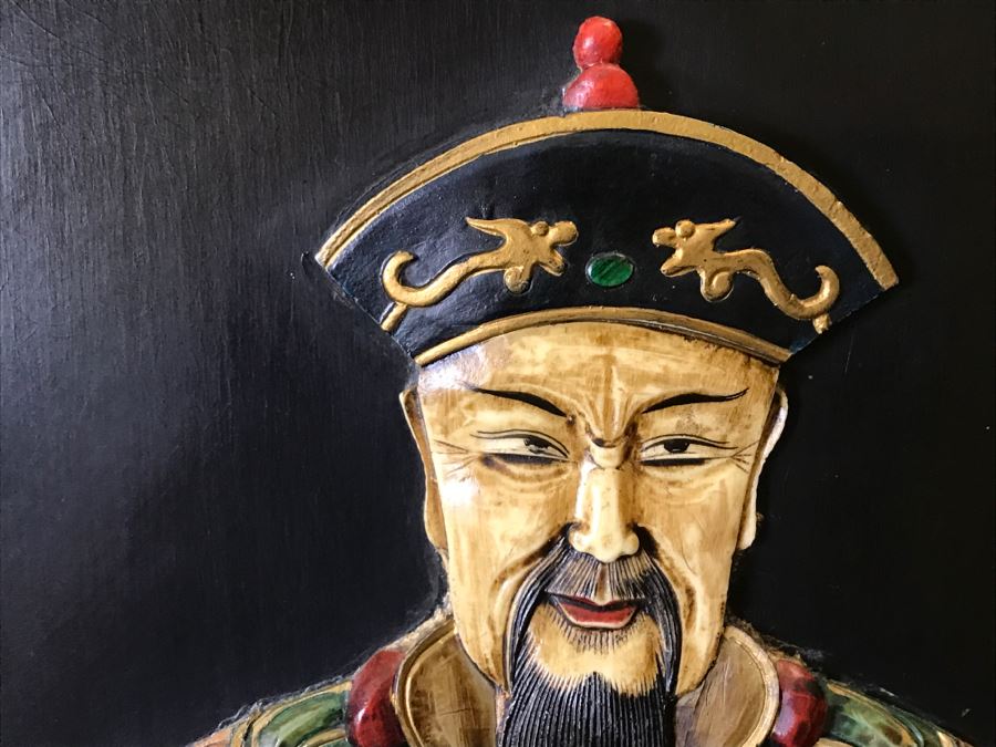 Chinese Wooden Relief Carved And Hand Painted Wall Hanging Artwork Of Emperor [Photo 4]