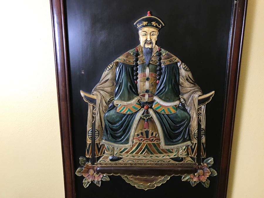 Chinese Wooden Relief Carved And Hand Painted Wall Hanging Artwork Of Emperor [Photo 2]