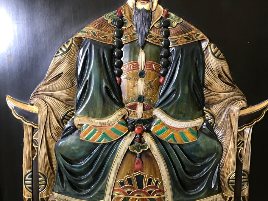 Chinese Wooden Relief Carved And Hand Painted Wall Hanging Artwork Of Emperor [Photo 9]