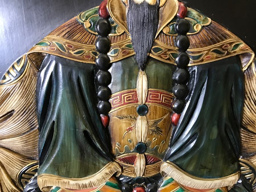 Chinese Wooden Relief Carved And Hand Painted Wall Hanging Artwork Of Emperor [Photo 8]