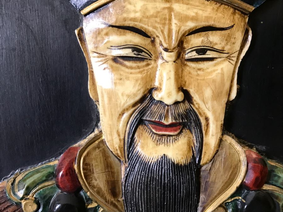 Chinese Wooden Relief Carved And Hand Painted Wall Hanging Artwork Of Emperor [Photo 6]