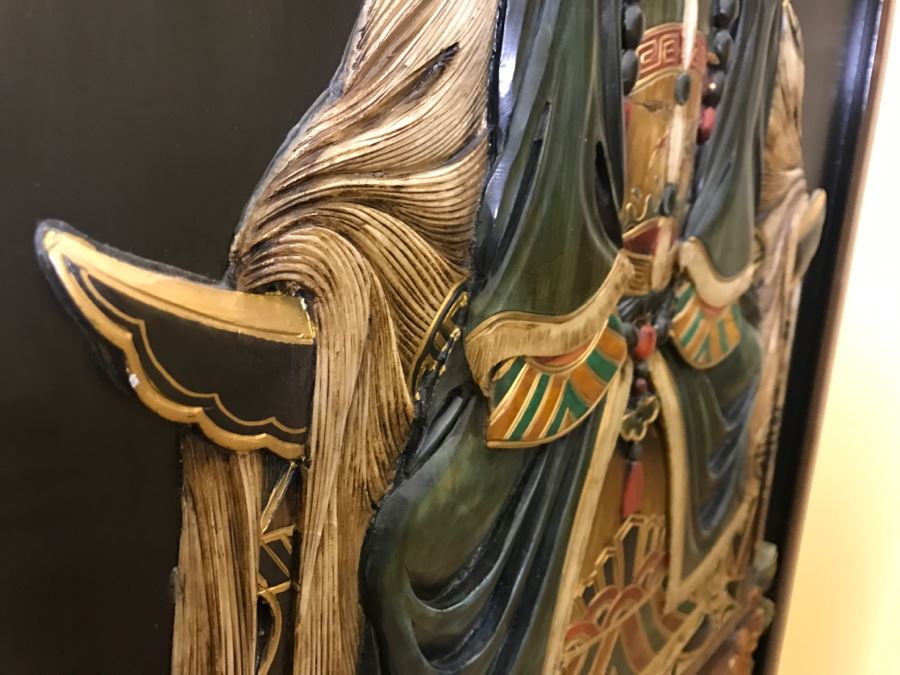 Chinese Wooden Relief Carved And Hand Painted Wall Hanging Artwork Of Emperor [Photo 16]