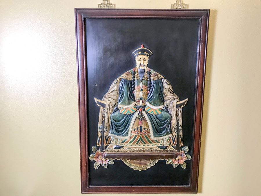 Chinese Wooden Relief Carved And Hand Painted Wall Hanging Artwork Of Emperor